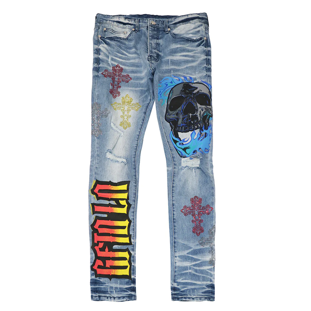 GFTD LA Los Angeles Men's Lonzo Skinny Fit Painted Skull Embellished Cross Jeans